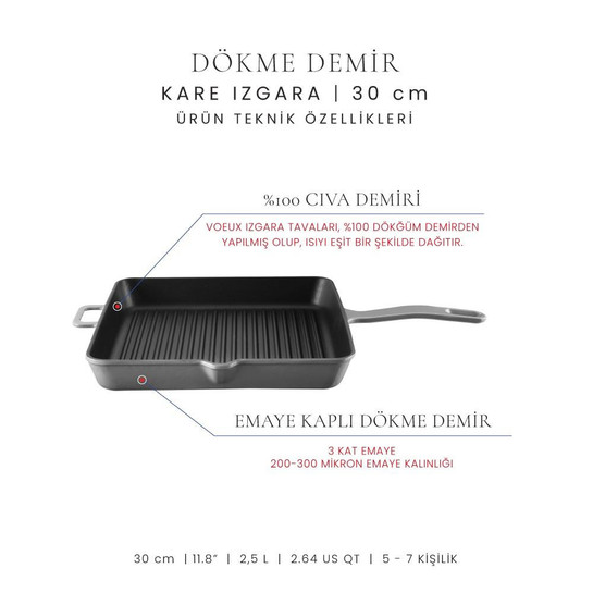Voeux Kitchenware Gracieuse Gri Döküm Kare Izgara Tava 30 Cm