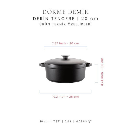 Voeux Kitchenware Elegance Siyah Derin Döküm Tencere 20 Cm