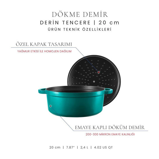 Voeux Kitchenware Profond Turkuaz Derin Döküm Tencere 20 Cm