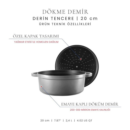 Voeux Kitchenware Gracieuse Gri Derin Döküm Tencere 20 Cm