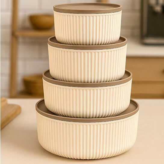 Vienev 4'lü Yuvarlak Saklama Kabı Seti Bej | 2.5l 1.5l 0.80l 0.45l | Mikrodalga Ve Dondurucu Uyumlu