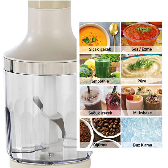 Berghoff Gem Retro 1200 W El Blender Seti – 800 ml Hazne, 5 Parça Aksesuar, Metal Konektör | Vanilya Krem