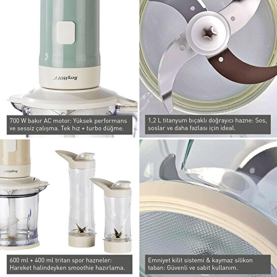 Berghoff Gem Retro 700 W Kişisel Blender & Doğrayıcı – 1,2 L Titanyum Bıçaklı Hazne, Bakır AC Motor | Vanilya Krem