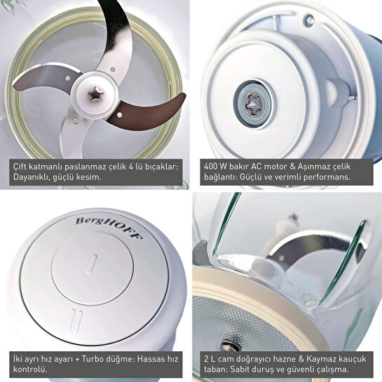 Berghoff Gem Retro 400 W Elektrikli Doğrayıcı – 2 L Cam Hazne, Bakır AC Motor | Mint Yeşil