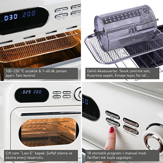 Berghoff Gem Retro 18 L Air Fryer & Fırın – 1400 W, 18 Program, Low-E Çift Cam | Vanilya Krem