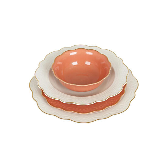 Lucky Art Laurance Krem&yanik Turuncu Renkli̇ New Bone Chi̇na Yemek Takimi 24 Parça