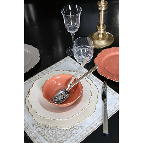 Lucky Art Laurance Krem&yanik Turuncu Renkli̇ New Bone Chi̇na Yemek Takimi 24 Parça