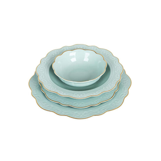 Lucky Art Laurance Mi̇nt Yeşi̇l Renkli̇ New Bone Chi̇na Yemek Takimi 24 Parça