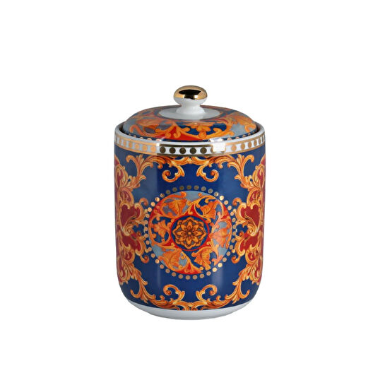 Lucky Art Clarissa Bone China Porselen Mavi Beyaz Naturel Barok Desenli Kapaklı Kavanoz 16 Cm