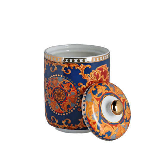 Lucky Art Clarissa Bone China Porselen Mavi Beyaz Naturel Barok Desenli Kapaklı Kavanoz 16 Cm