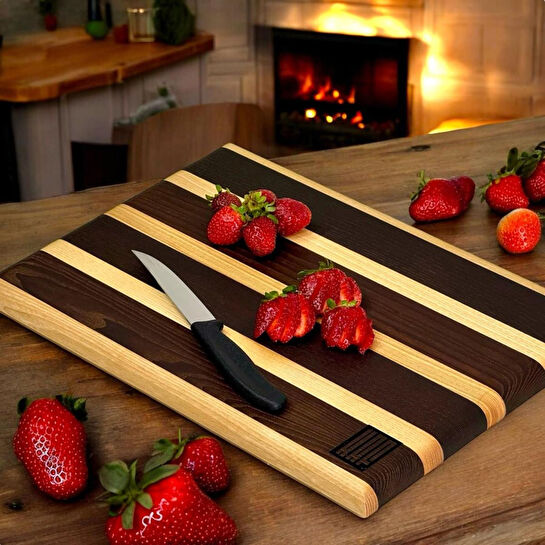 Kaf Ahşap Lüks Kesme Tahtası Dişbudak Siyah&Beyaz - M