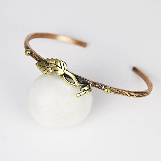 Coho Objet Coho Tılsım İkiz Yapraklı Bakır El İşleme Bileklik