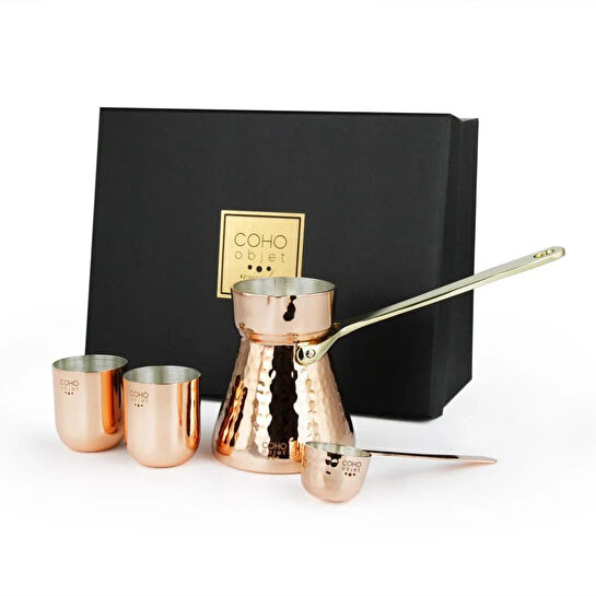 Coho Objet Coho Box Hatır Dövme Bakır Cezve & Kaşık & 2 Li Bardak Hediye Seti