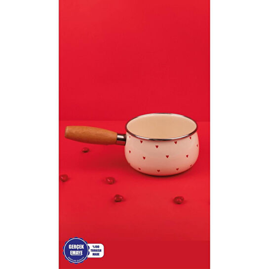 Emaylab Cupid Ahşap Saplı Kalp Desenli Emaye Sos Tavası 16cm 1,3 Litre (i̇ndüksi̇yon Dahi̇l Tüm Ocaklara Uygun)