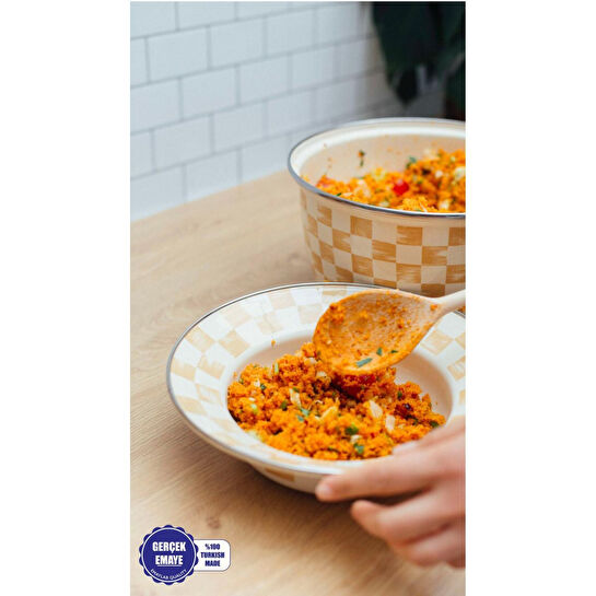 Emaylab Beige Dama Desenli Emaye Çukur Makarna Ve Salata Tabağı 24cm