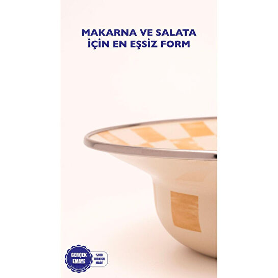 Emaylab Beige Dama Desenli Emaye Çukur Makarna Ve Salata Tabağı 24cm