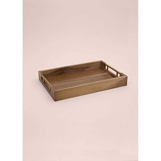 The Mia Natura Akasya Metal Kulplu Tepsi Gold 38x26x5 Cm