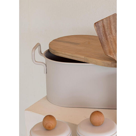 The Mia Stripe Ahşap Kapaklı Ekmek Saklama Kutusu Bej 40x22x18 Cm