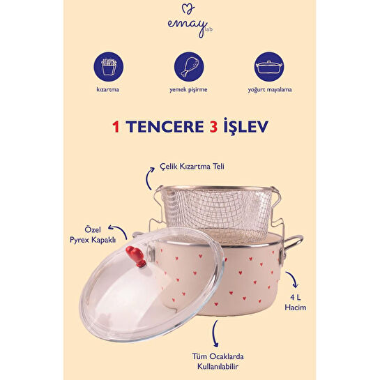 Emaylab Cupid Emaye Kızartma Tenceresi/ Fritöz (özel Pyrex Kapaklı)