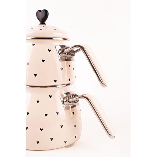 Emaylab Black Cupid Kalp Desenli Emaye Çaydanlık Takımı (özel Zamak Tepeli)