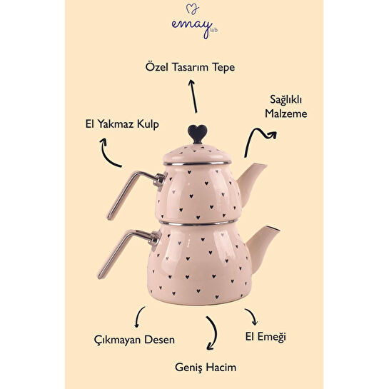 Emaylab Black Cupid Kalp Desenli Emaye Çaydanlık Takımı (özel Zamak Tepeli)