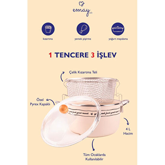 Emaylab Mood Emaye Kızartma Tenceresi/ Fritöz (özel Pyrex Kapaklı)
