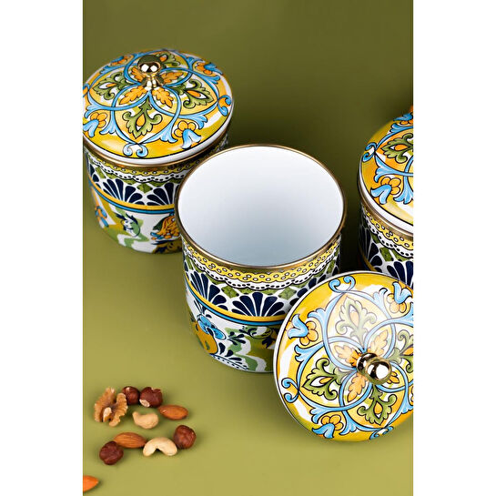 Emaylab Selge 3 Lü Dekoratif Emaye Kavanoz Takımı , Vazo , Çok Amaçlı Kavanoz