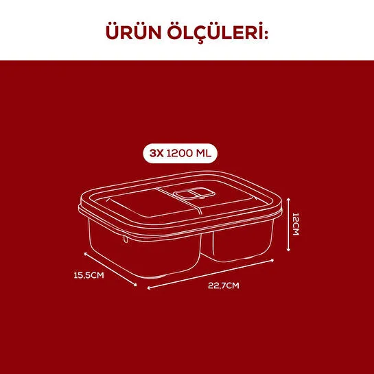 Vienev Kapaklı 3’lü Mikrodalgaya Uygun Bölmeli Dikdörtgen Saklama Kabı Seti - 1200 Ml
