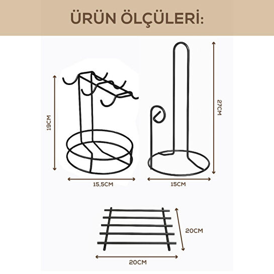 Vienev Yakut Metal Tezgah Üstü Mutfak Seti | Tabaklı Fincanlık & Kağıt Havluluk & Nihale