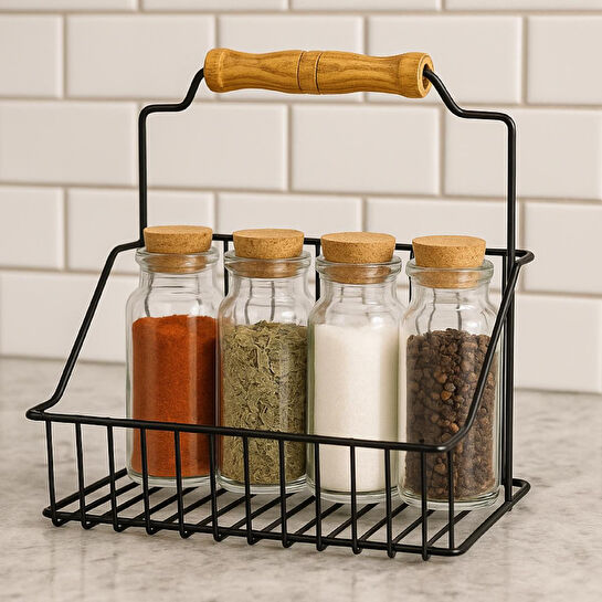 Vienev Ahşap Saplı Siyah Metal Tel Sepet – Çok Amaçlı Dekoratif Organizer