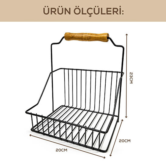 Vienev Ahşap Saplı Siyah Metal Tel Sepet – Çok Amaçlı Dekoratif Organizer