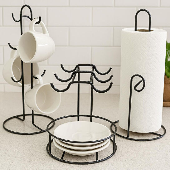 Vienev Elmas Metal Tezgah Üstü Mutfak Seti | Fincanlık & Kağıt Havluluk & Tabaklı Fincanlık