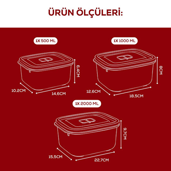 Vienev Kapaklı 3’lü Mikrodalgaya Uygun Dikdörtgen Saklama Kabı Seti - 500/1000/2000 Ml