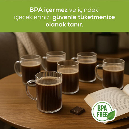 Vienev 6'lı Çizgili Desenli Kulplu Cam Bardak - 200 Ml Cam Çay Bardağı