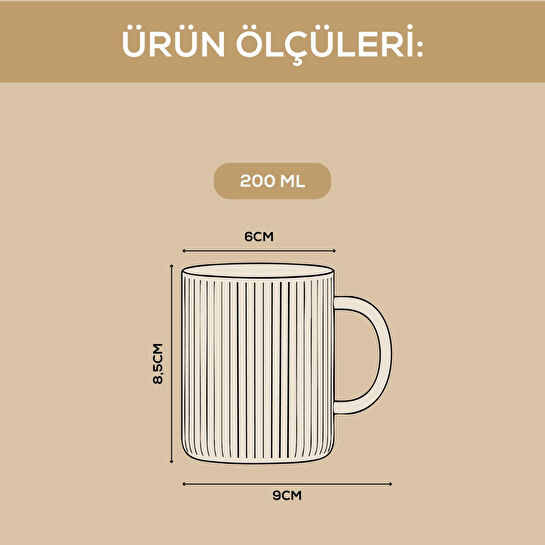 Vienev 6'lı Çizgili Desenli Kulplu Cam Bardak - 200 Ml Cam Çay Bardağı