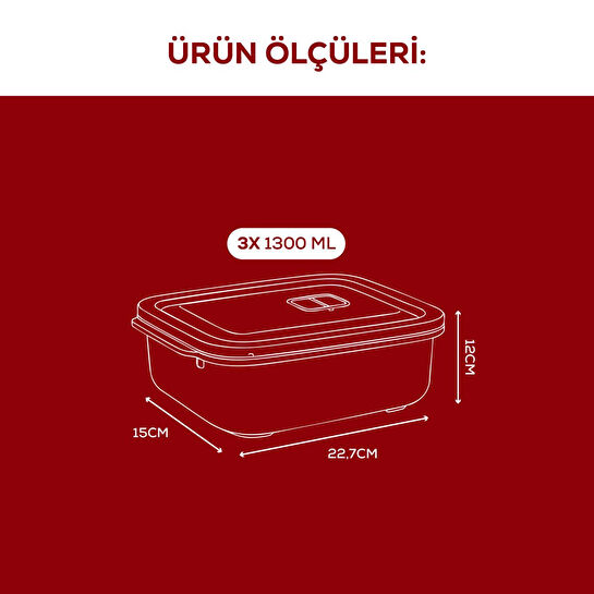 Vienev Kapaklı 3’lü Mikrodalgaya Uygun Dikdörtgen Saklama Kabı Seti - 1300 Ml