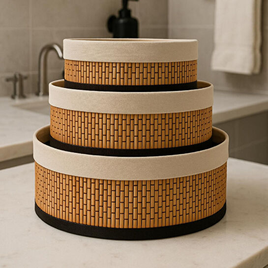 Vienev Bambu Hasır Yuvarlak 3'lü Organizer Sepet Seti - Çok Amaçlı Düzenleyici