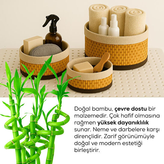 Vienev Bambu Hasır Yuvarlak 3'lü Organizer Sepet Seti - Çok Amaçlı Düzenleyici