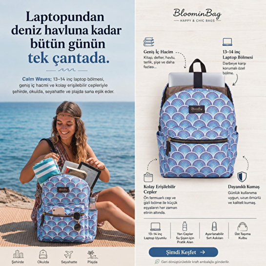 Bloominbag Calm Waves 13-14 Inç Laptop / Macbook Sırt Çantası