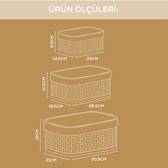 Vienev Bambu Hasır Dikdörtgen 3'lü Organizer Sepet Seti - Çok Amaçlı Düzenleyici