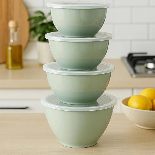 Vienev 4’lü Yuvarlak Kase Seti Yeşil | 1l, 1.5l, 2.3l, 3.3l | Kapaklı Çok Amaçlı Mutfak Saklama Kabı