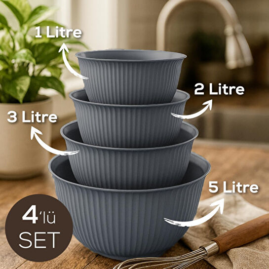Vienev 4'lü Mega Boy Plastik Karıştırma Ve Saklama Kase Seti | 1l, 2l, 3l, 5l Antrasit