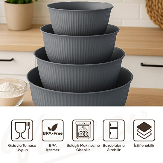 Vienev 4'lü Mega Boy Plastik Karıştırma Ve Saklama Kase Seti | 1l, 2l, 3l, 5l Antrasit