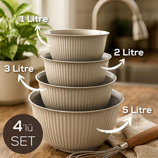 Vienev 4'lü Mega Boy Plastik Karıştırma Ve Saklama Kase Seti | 1l, 2l, 3l, 5l Bej