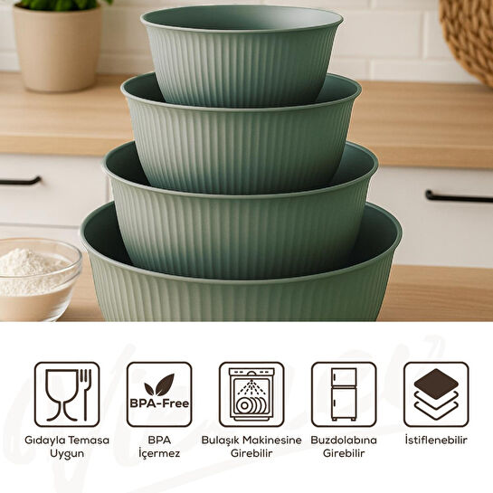 Vienev 4'lü Mega Boy Plastik Karıştırma Ve Saklama Kase Seti | 1l, 2l, 3l, 5l Yeşil