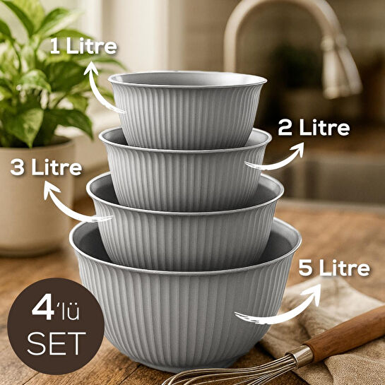 Vienev 4'lü Mega Boy Plastik Karıştırma Ve Saklama Kase Seti | 1l, 2l, 3l, 5l Gri