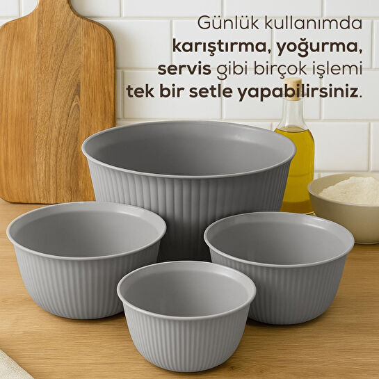 Vienev 4'lü Mega Boy Plastik Karıştırma Ve Saklama Kase Seti | 1l, 2l, 3l, 5l Gri