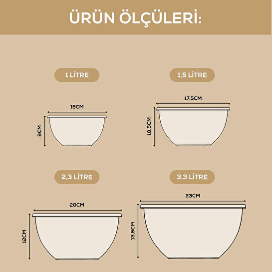 Vienev 4’lü Yuvarlak Kase Seti Pembe | 1l, 1.5l, 2.3l, 3.3l | Kapaklı Çok Amaçlı Mutfak Saklama Kabı