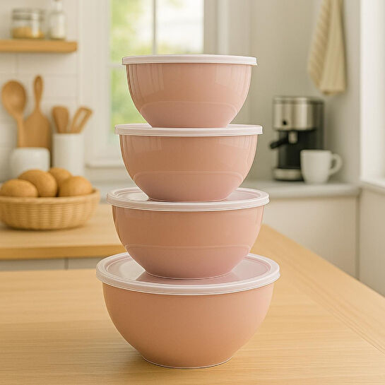 Vienev 4’lü Yuvarlak Kase Seti Pembe | 1l, 1.5l, 2.3l, 3.3l | Kapaklı Çok Amaçlı Mutfak Saklama Kabı