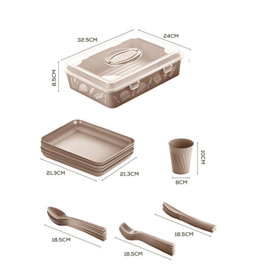 Vienev 32 Parça 6 Kişilik Taşınabilir Piknik Seti - Saklama Kutulu Bej